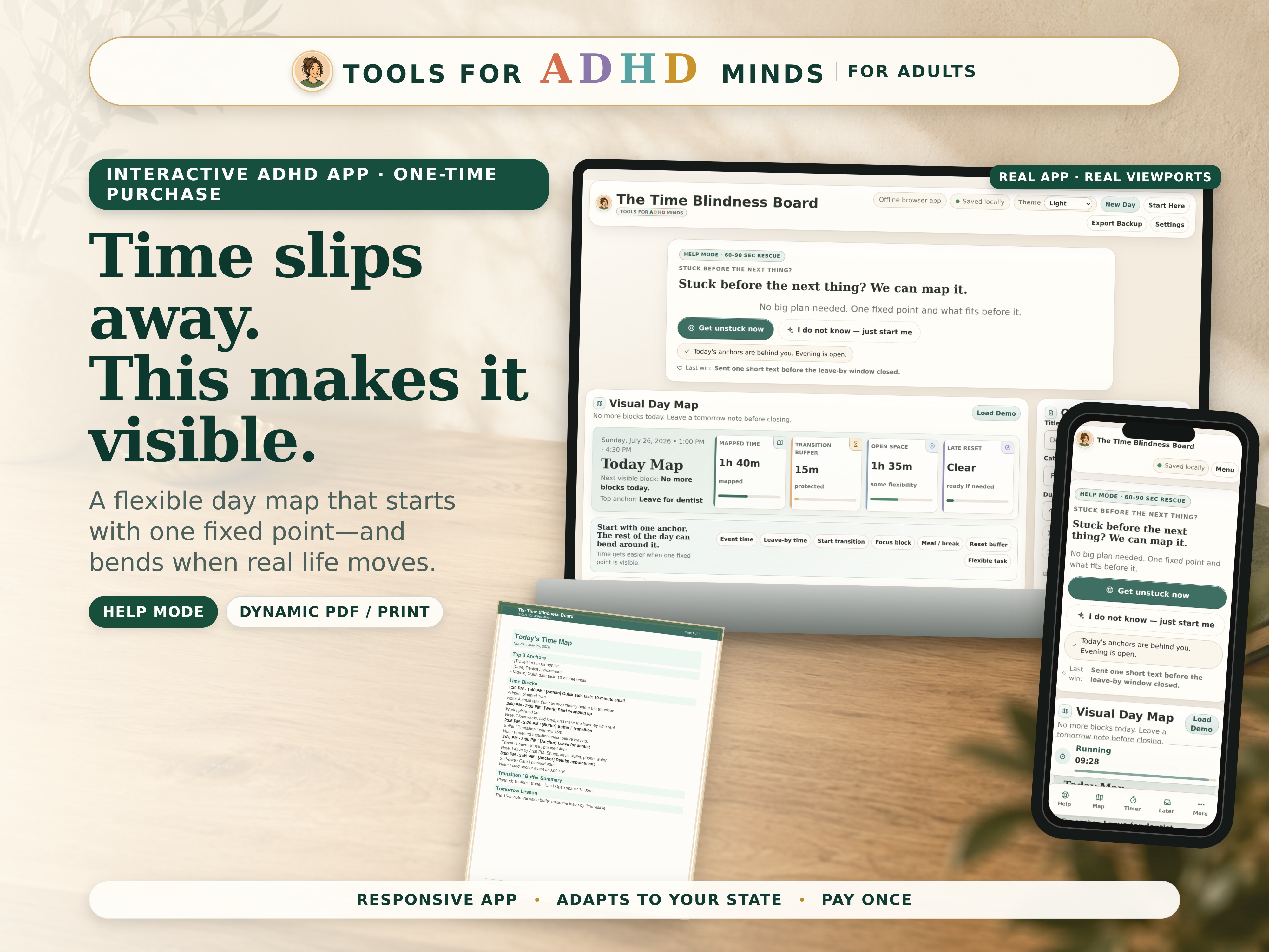 The responsive Time Blindness Board interface on laptop and phone