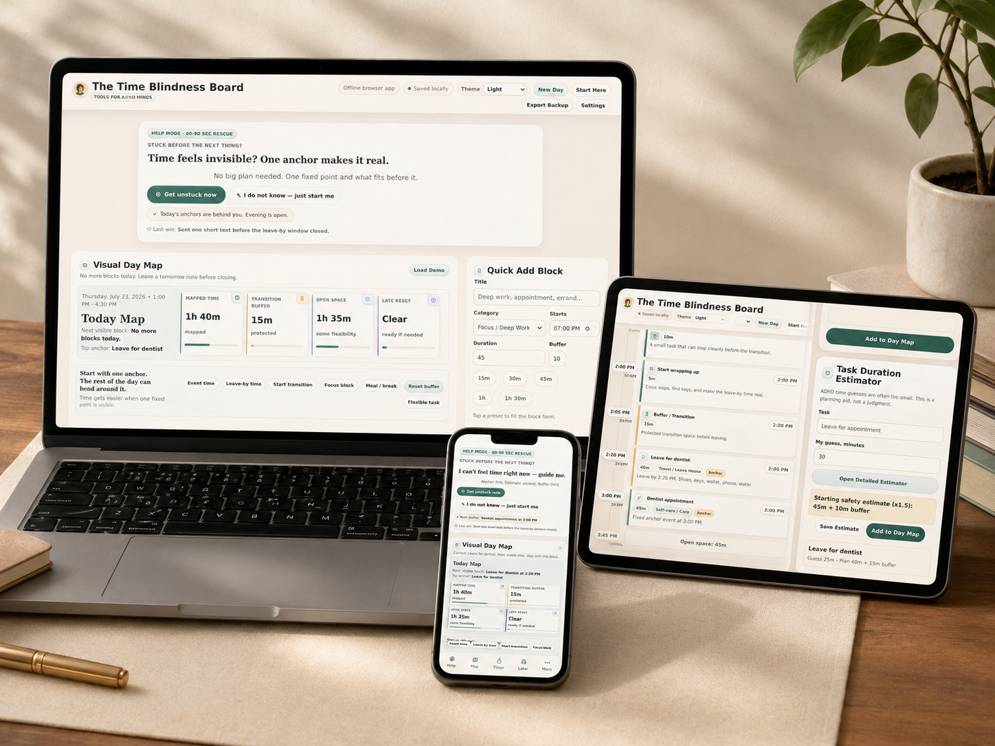 The Time Blindness Board responsive on phone, tablet, and desktop