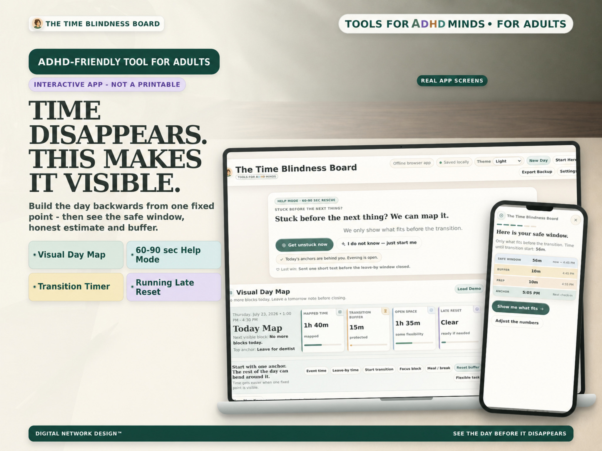 The Time Blindness Board on laptop and phone with companion print tools
